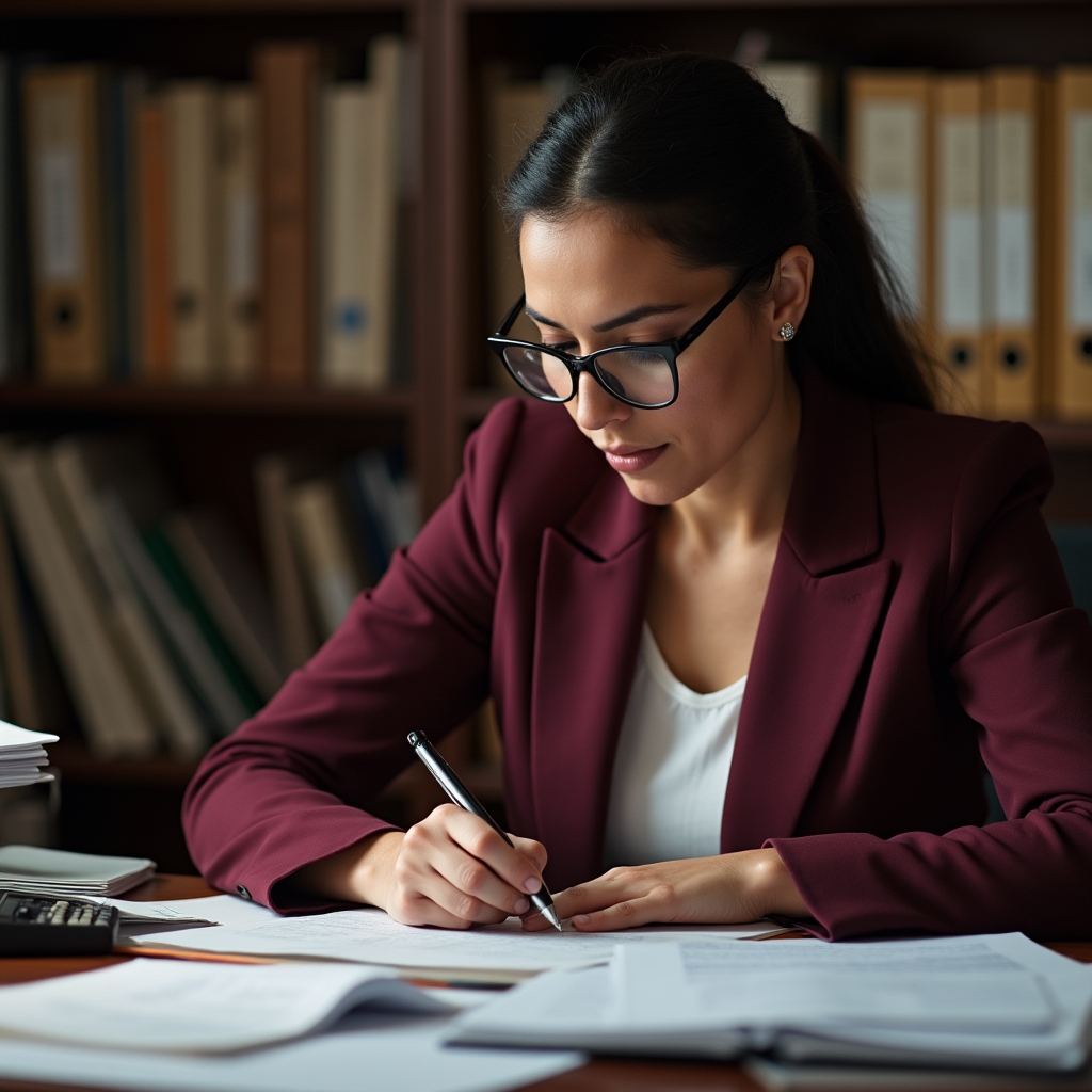 Education financial planning advisor working with documents at a desk
