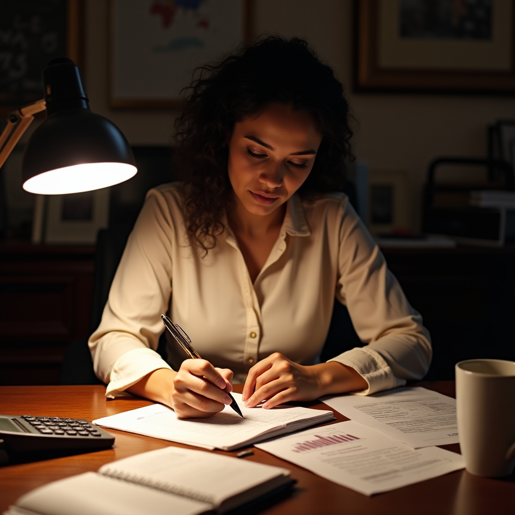 Person reviewing financial documents and a notebook at a clean desk
