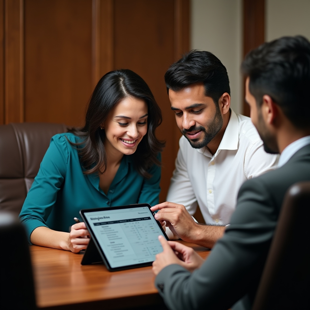 Couple reviewing spending categories on a tablet with a financial advisor