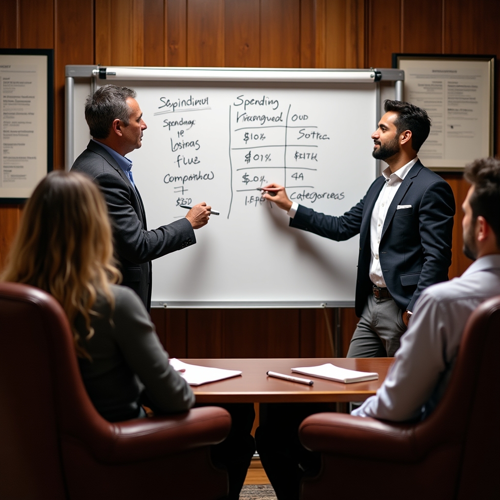 Financial advisor explaining spending categories on a whiteboard to a couple